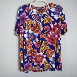 Johnny Was Janie Short Sleeve V-Neck Swing Tee-Purple Floral Print-Large